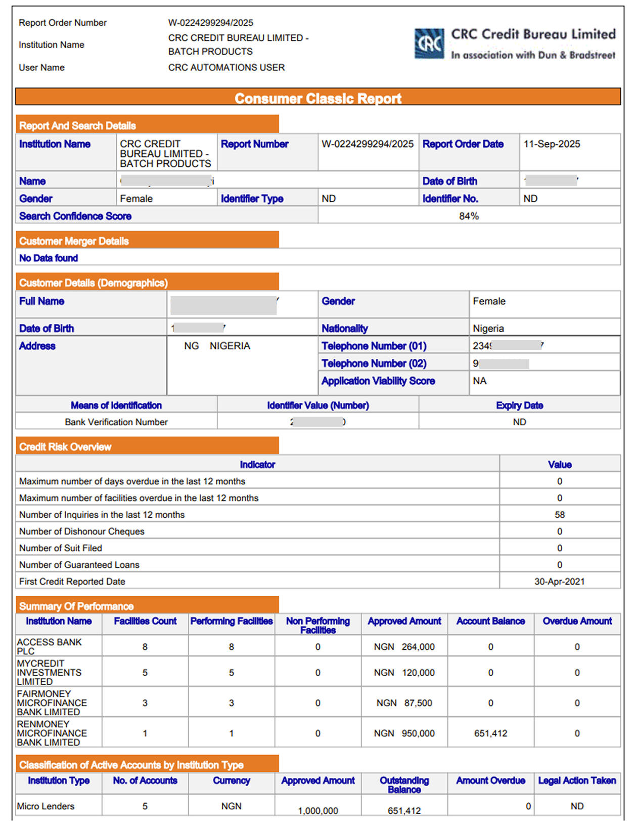 CRC Self Enquiry (Consumer) - Sample Report