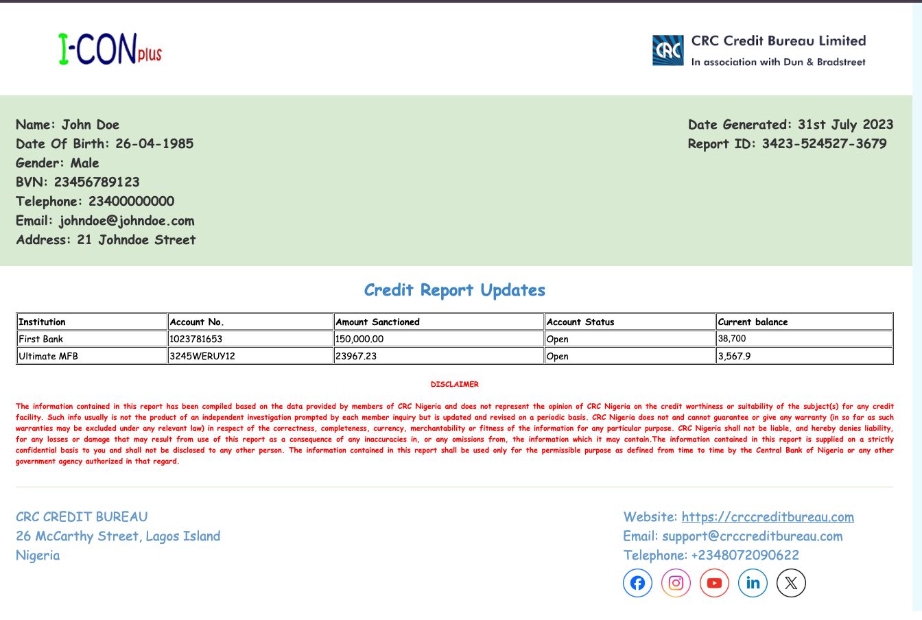CRC I-CONplus - Sample Report
